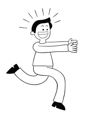 Çizgi filmci heyecanlı ve bir şey yakalamak için koşuyor, vektör çizimi. Siyah ve beyaz çizgili.