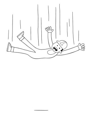 Çizgi film işçisi yükseklikten düşer, vektör çizimi. Siyah ve beyaz çizgili.