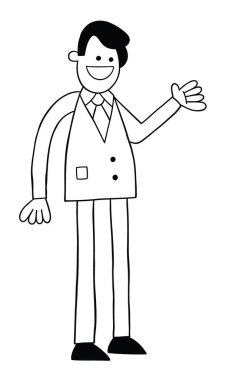 Çizgi film mutlu iş adamı ayakta duruyor, vektör çizimi. Siyah ve beyaz çizgili.