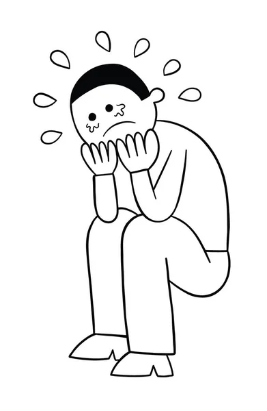 Cartoon Man Crouching Ground Crying Vector Illustration Black Outlined White — Wektor stockowy