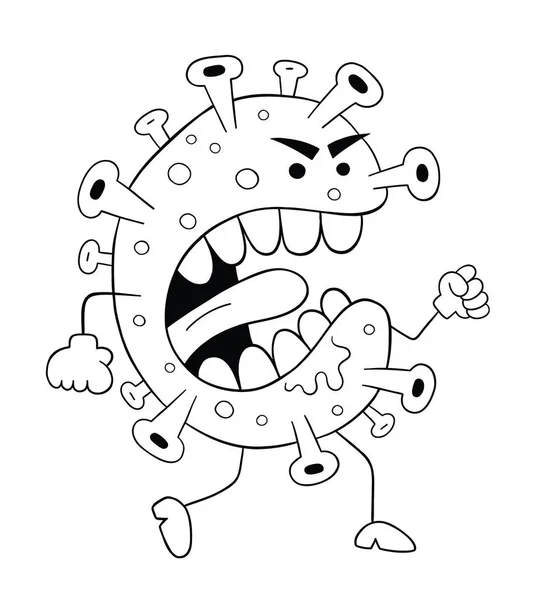Dibujos Animados Coronavirus Monstruo Tan Enojado Corriendo Ilustración Vectorial Negro — Vector de stock
