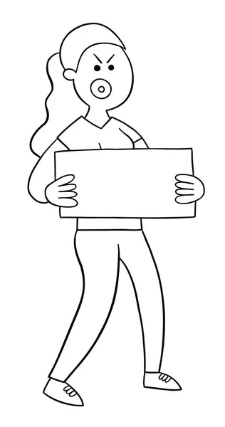 Cartoon Angry Protester Woman Holding Sign Walking Vector Illustration Black — vektorikuva