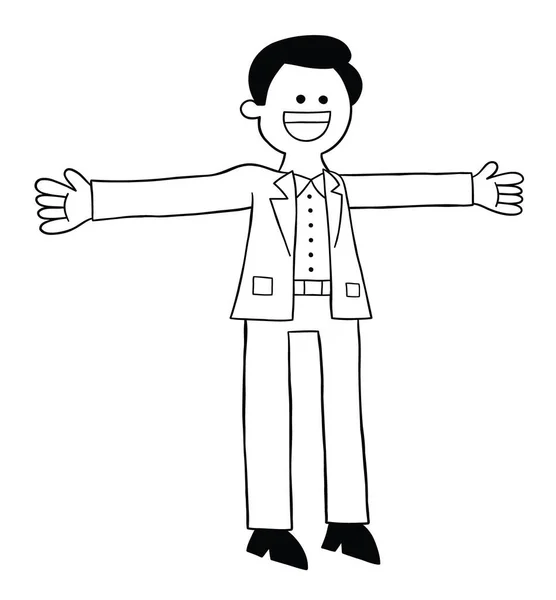 Cartoon Man Suit Open Hands Happy Vector Illustration Black Outlined — Stockový vektor