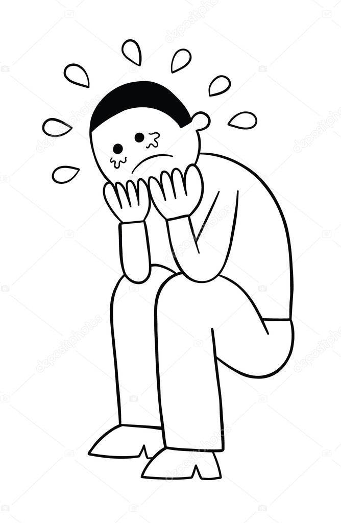 Cartoon man is crouching on the ground and crying, vector illustration. Black outlined and white colored.