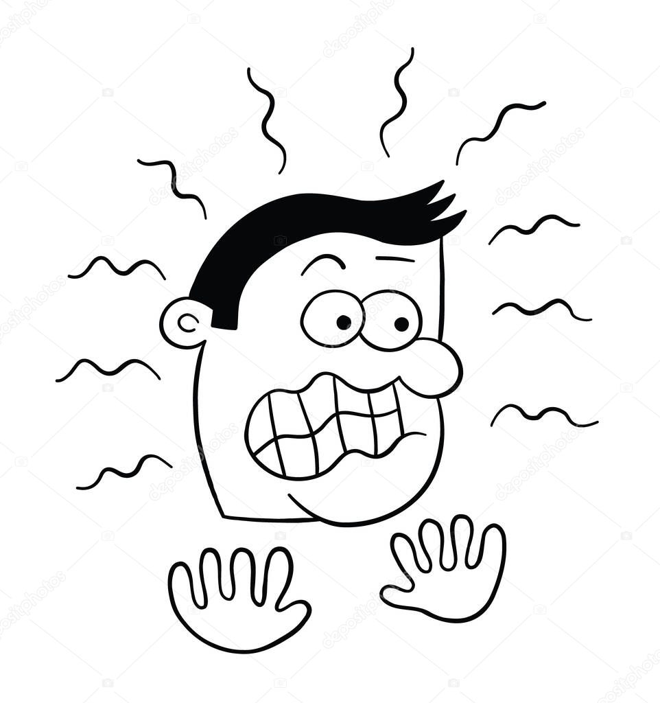 Cartoon man so scared, vector illustration. Black outlined and white colored.