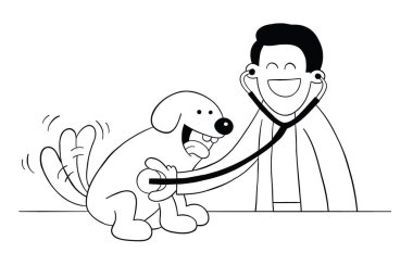 Çizgi film veterineri steteskoplu köpeği inceliyor, vektör çizimi. Siyah ve beyaz çizgili.