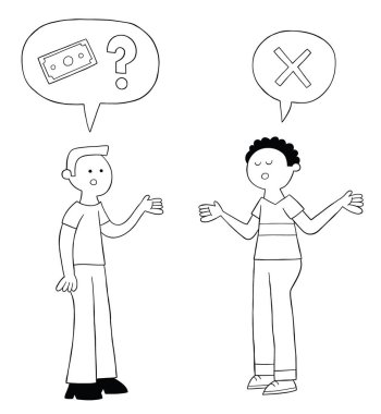 Çizgi filmci arkadaşından borç istedi, ama arkadaşı hiç parası olmadığını söyledi, vektör çizimi. Siyah ve beyaz çizgili.