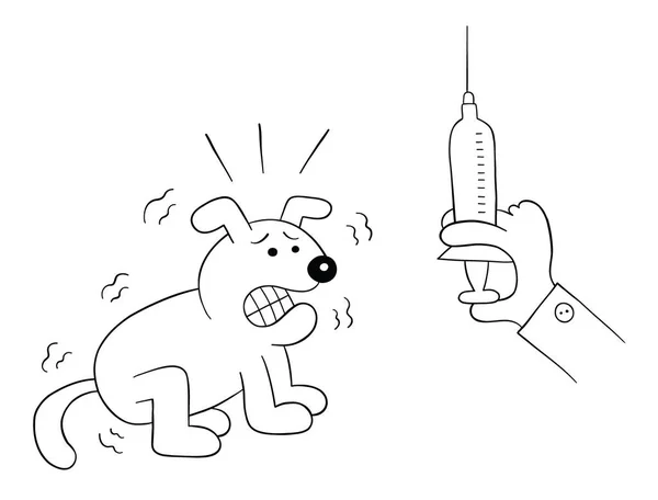 Cartoon Dog Scared Sees Syringe Veterinarian Hand Vector Illustration Black — Stock Vector