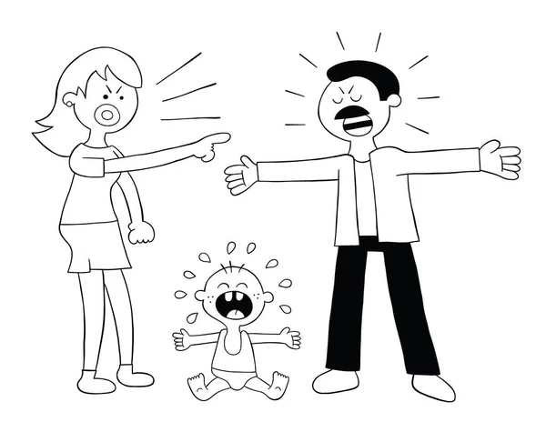 Dibujos Animados Padres Luchando Llorando Bebé Ilustración Vectorial Negro Perfilado — Archivo Imágenes Vectoriales