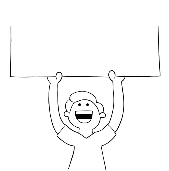 Cartoon Man Holding Blank Sign Upwards Vector Illustration Black Outlined — Stock Vector