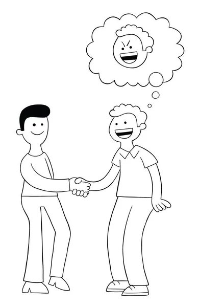 Cartoon Two Men Shake Hands Look Happy One Them Malicious — Stockový vektor