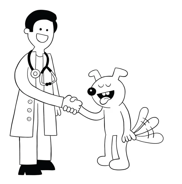 Cartoon Tierarzt Und Hund Verstehen Sich Und Schütteln Hände Vektorillustration — Stockvektor