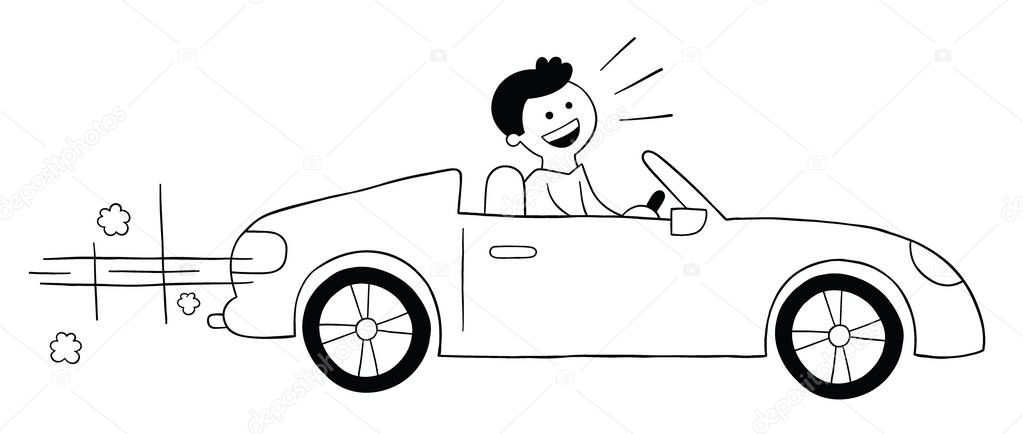 Cartoon man driving luxury convertible car, vector illustration. Black outlined and white colored.
