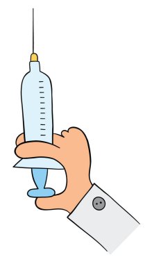 Karikatür doktoru ya da veteriner elinde şırınga, vektör çizimi. Renkli ve siyah çizgiler.