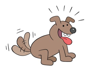 Karikatür köpek çok heyecanlı ve kuyruğunu sallıyor, vektör çizimi. Renkli ve siyah çizgiler.
