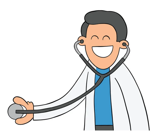 Tecknad Läkare Eller Veterinär Undersöker Med Stetoskop Vektor Illustration Färgade — Stock vektor