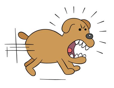 Çizgi filmdeki kızgın köpek kovalamaca, vektör illüstrasyon. Renkli ve siyah çizgiler.