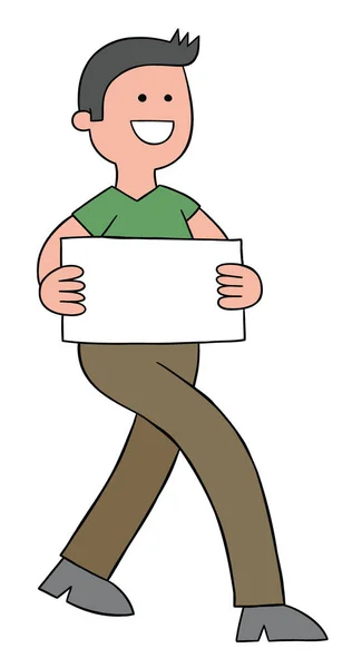 Cartoon Happy Man Walking Holding Blank Sign Vector Illustration Colored — Stock Vector