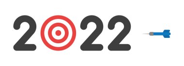 Yeni yıl 2022 vektör kavramı, hedef sıfır ve dart yerine tam isabet. Düz renkli biçim.