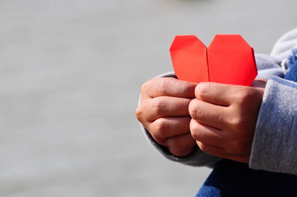 Fall in Love with Red Heart Paper in Hands — Stock Photo, Image