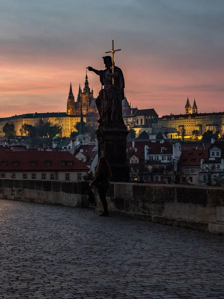 Pôr Sol Outono Ponte Charles Praga — Fotografia de Stock