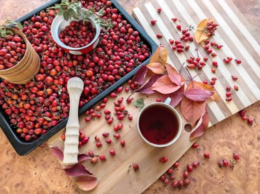 Bir tepside sulu gül kalçası hasat ve yakın plan gül kalçası çayı..