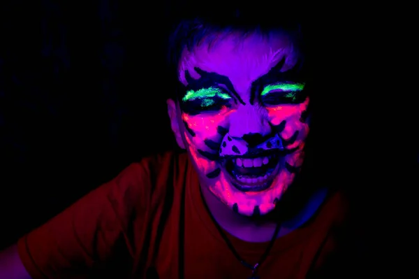 Boy Has Painted Face Angry Cat Neon Colors Glowing Ultraviolet — Stock Photo, Image