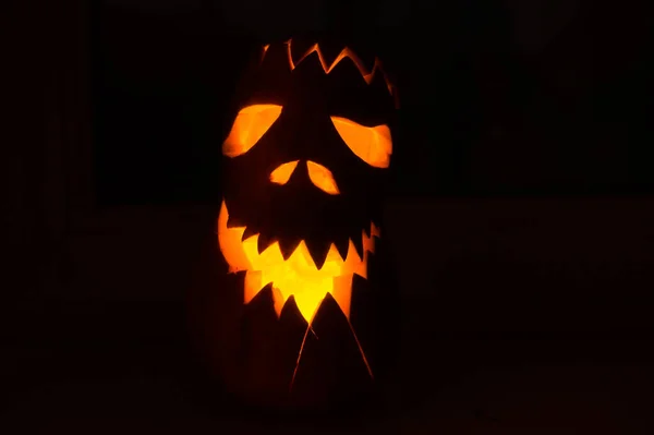 Evil Pumpkin Face Halloween Dark Room Night Close — Stock Photo, Image