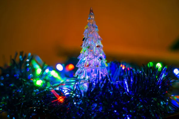 Small Souvenir Fir Tree Blinking New Year Garlands Burning Raining — Stock Photo, Image