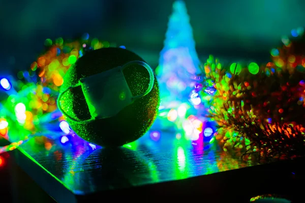 Christmas Ball Fir Tree Mask Viruses Self Isolation Blinking Garland — Stock Photo, Image
