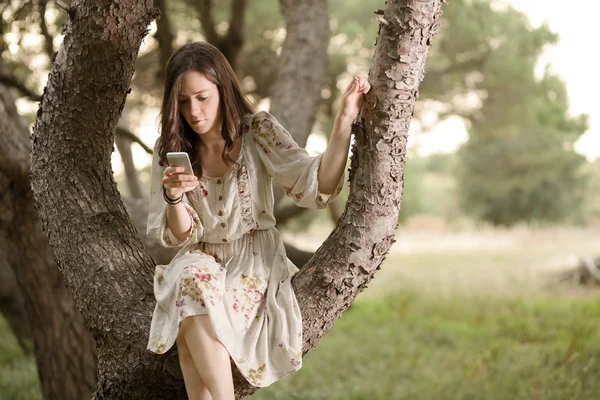 Mulher com Smartphone em uma árvore — Fotografia de Stock