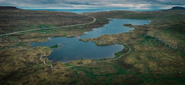 Panorama Des Toftavatn Sees Mit Wanderweg Von Oben Runavik Insel — Stockfoto