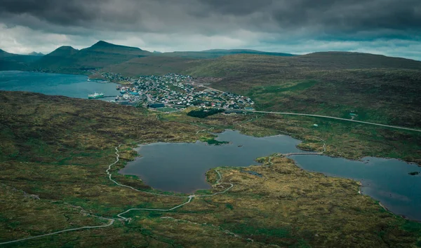 Panorama Lake Toftavatn Hiking Trail Village Runavik Island Eysturoy Faroe — Stock Photo, Image