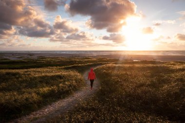 Danimarka 'nın okyanus kıyısında gün batımında kumullarda yürüyen ceketli bir kadın.