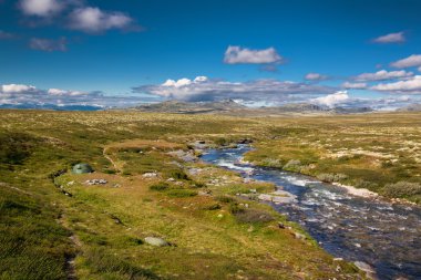 Rondane national park with tent at river clipart