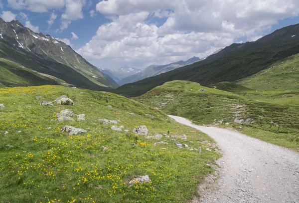 Jalur hiking di pegunungan Alpen dengan pegunungan di Fimbatal dari Ischgl ke Heidelberger Hut — Stok Foto