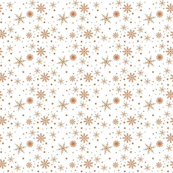 Marrón, copo de nieve dorado tracery patrón sin costuras en blanco. Ilustración abstracta del vector de fondo de textura geométrica. Adorno de año nuevo de Navidad de invierno para impresiones, paquete, papel de embalaje, tarjeta de felicitación — Vector de stock