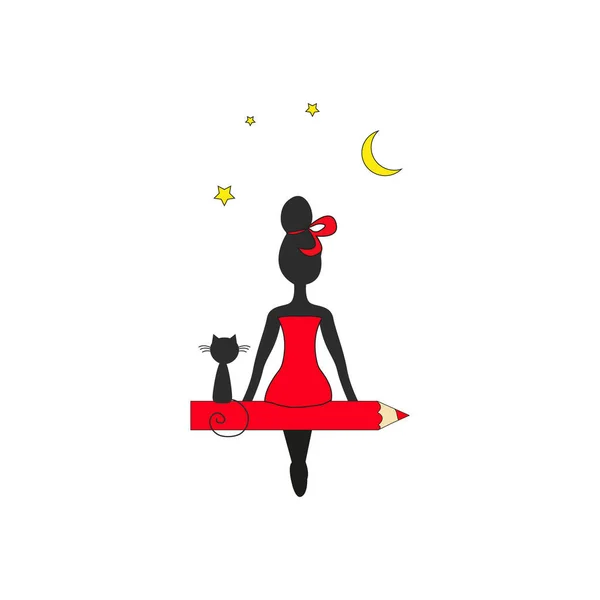 Fille et chat sur le stylo regardent la lune et les étoiles. Dessin à la main d'objets isolés sur fond blanc. Illustration vectorielle. — Image vectorielle