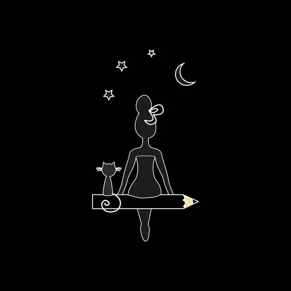 Девушка сидит на ручке и смотрит на луну и звезды. Девушка сидит на ручке и машет рукой, концепция привет и до свидания, иллюстрация в плоском дизайне изолированы на черном фоне eps10 Стоковый вектор