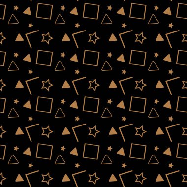 90 'ların tarzında kusursuz bir model. Siyah arkaplanda izole edilmiş geometrik üçgen, poligon, daire, kare ve zigzag şekilleri. eps10