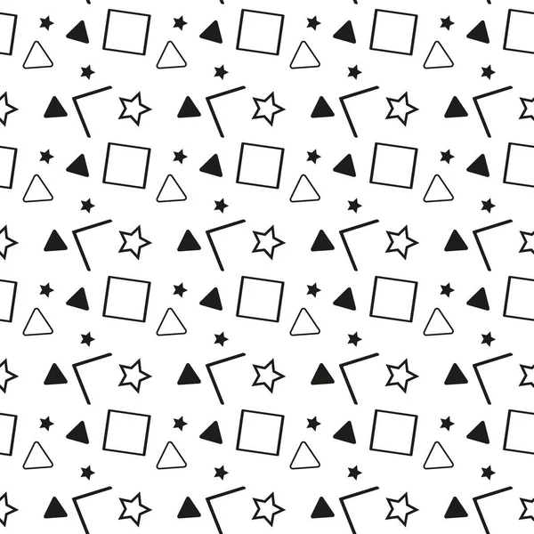 Vector naadloos patroon in jaren 90 stijl. Geometrische vormen van driehoek, veelhoek, cirkel, vierkant en zigzag geïsoleerd op witte achtergrond. 10 — Stockvector