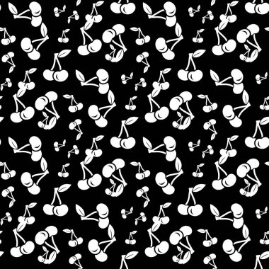 Şirin düz siyah beyaz kirazlı, dikişsiz vektör desenli arkaplan illüstrasyonu 10