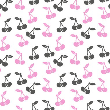 Tatlı, kirazsız desen. Tekstil, ambalaj, duvar kağıtları vs. için iyi. Beyaz arka planda izole edilmiş tatlı kırmızı kirazlar. Vektör çizimi. 10 saniye.