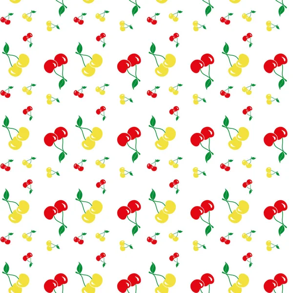 Patrón sin costuras de cereza. Bueno para textiles, envolturas, fondos de pantalla, etc. Cerezas maduras dulces rojas y amarillas aisladas sobre fondo blanco. Ilustración vectorial. — Archivo Imágenes Vectoriales