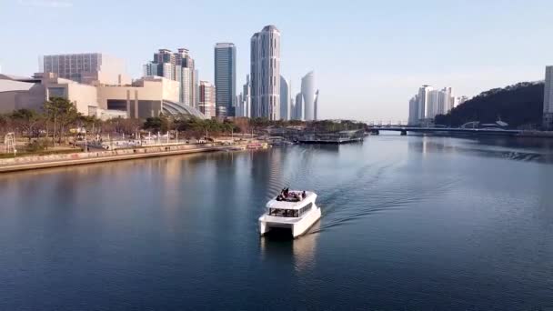 Luchtfoto Van Haeundae River Cruise Busan Zuid Korea Azië — Stockvideo