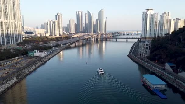 Letecký Pohled Řeku Haeundae Cruise Busan Jižní Korea Asie — Stock video