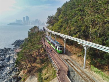 Haeundae Sahil Treni, Busan, Güney Kore Asya Hava Görüntüsü.