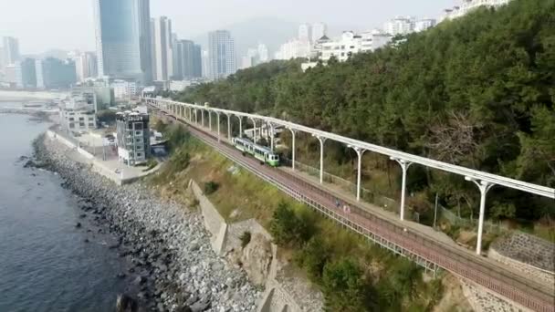 Flygfoto Över Haeundae Beach Train Busan Sydkorea Asien — Stockvideo