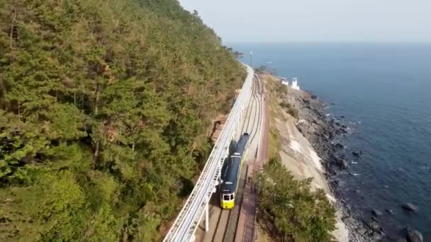 Повітряний Вид Пляжний Поїзд Haeundae Пусан Південна Корея Азія — стокове відео