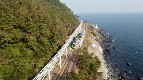 Luchtfoto Van Haeundae Beach Train Busan Zuid Korea Azië — Stockvideo